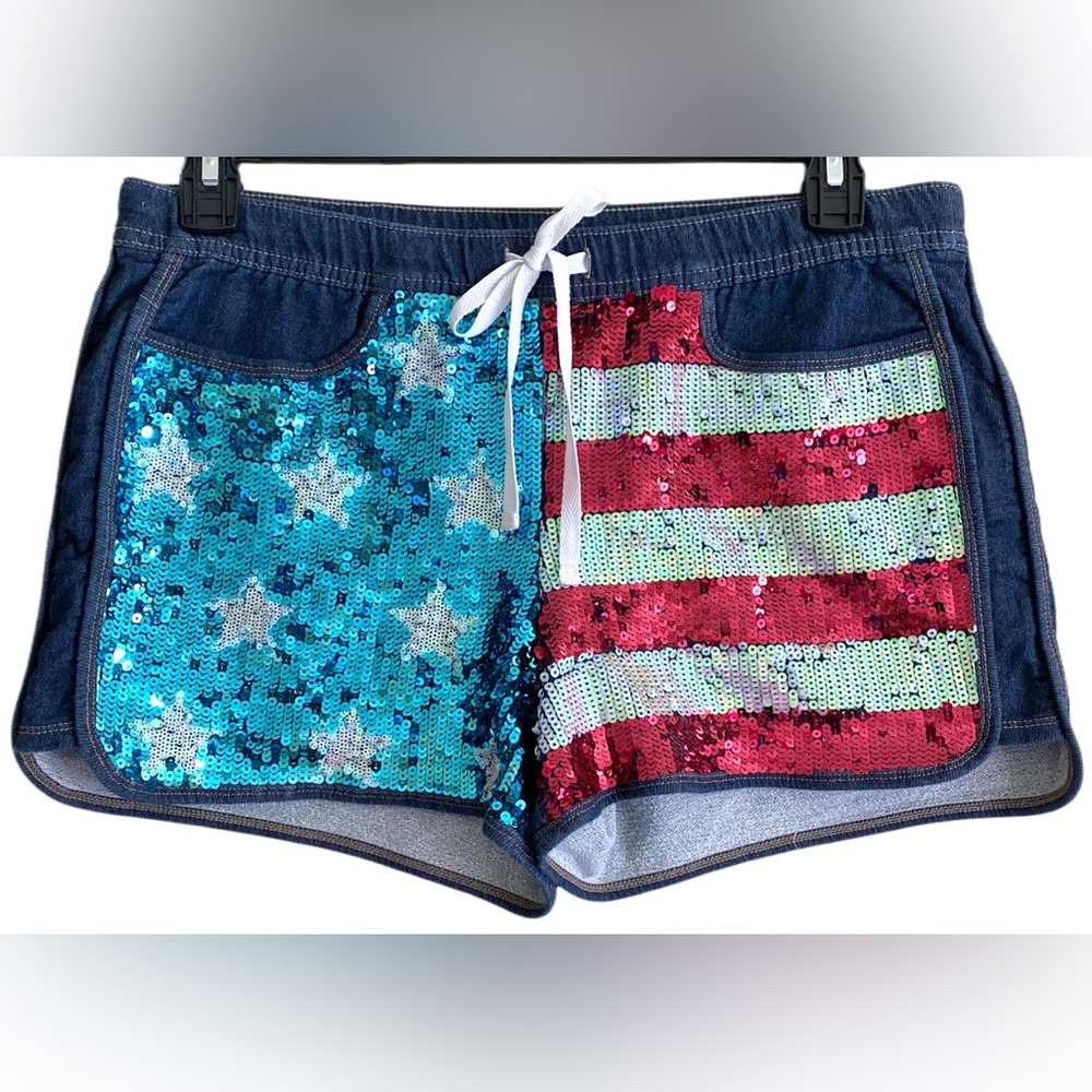 JUICY COUTURE American Flag Sequins Patriotic July 4th Bling Denim Shorts Size L - Picture 4 of 9